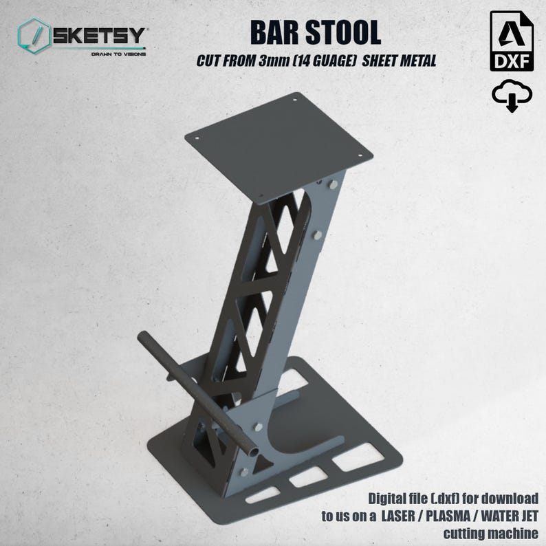 May include: A black metal bar stool with a simple, geometric design. The stool is made from 3mm (14 gauge) sheet metal and is cut from a digital file (dxf) for download. The stool is designed to be cut on a laser, plasma, or water jet cutting machine.