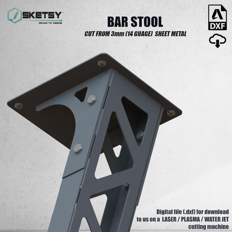 May include: A black metal bar stool cut from 3mm (14 gauge) sheet metal. The stool has a simple, industrial design with a triangular base and a rectangular seat.