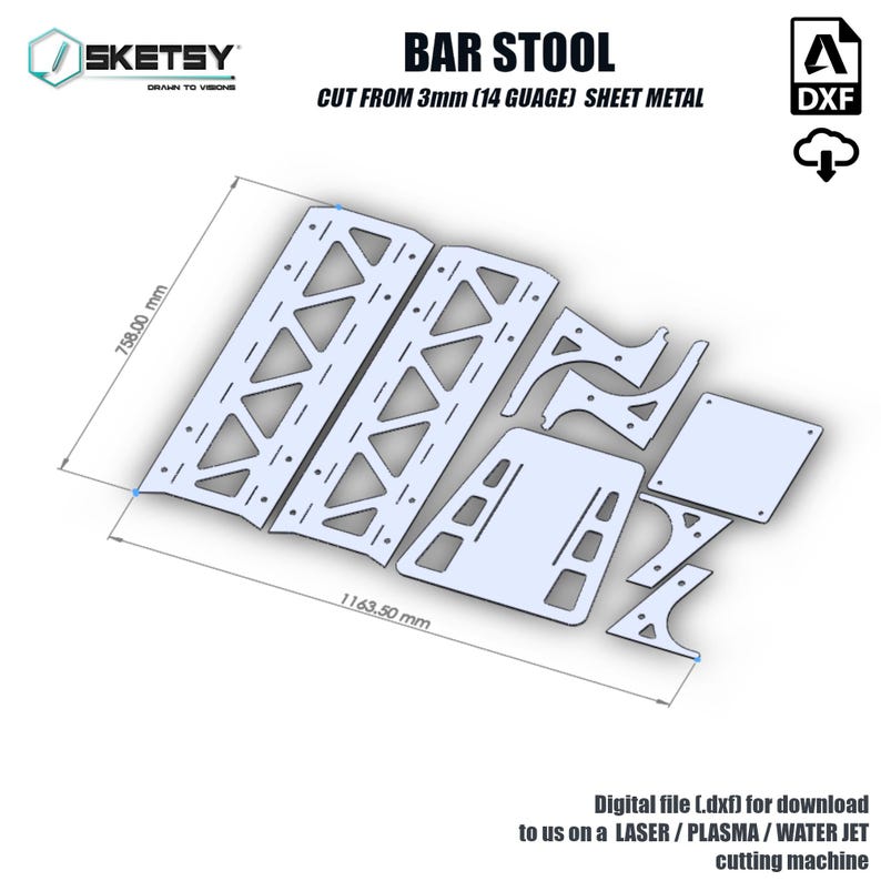 May include: A digital file (dxf) for download to use on a laser, plasma, or water jet cutting machine to create a bar stool. The design is for a stool made from 3mm (14 gauge) sheet metal and measures 758mm x 1163.50mm.