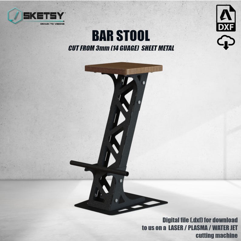 May include: A black metal bar stool with a wooden seat. The stool is made from 3mm (14 gauge) sheet metal and has a geometric design. The digital file (dxf) is for download to use on a laser, plasma, or water jet cutting machine.