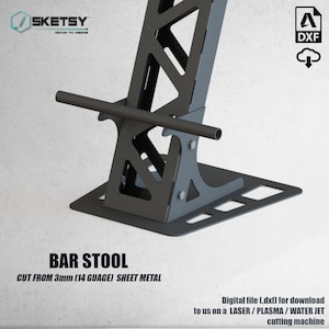 May include: A black metal bar stool with a simple design. The stool is made from 3mm (14 gauge) sheet metal and is cut from a laser, plasma, or water jet cutting machine. The stool is designed to be sturdy and durable.