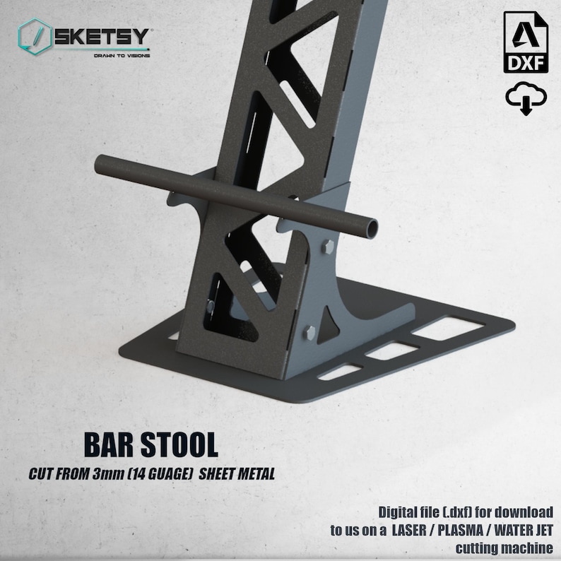 May include: A black metal bar stool with a simple design. The stool is made from 3mm (14 gauge) sheet metal and is cut from a laser, plasma, or water jet cutting machine. The stool is designed to be sturdy and durable.