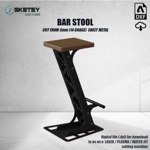 May include: Black metal bar stool with a wooden seat. The stool is designed with a geometric pattern and has a footrest. The stool is cut from 3mm (14 gauge) sheet metal.  Digital file (dxf) for download to us on a LASER/PLASMA/WATER JET cutting machine.