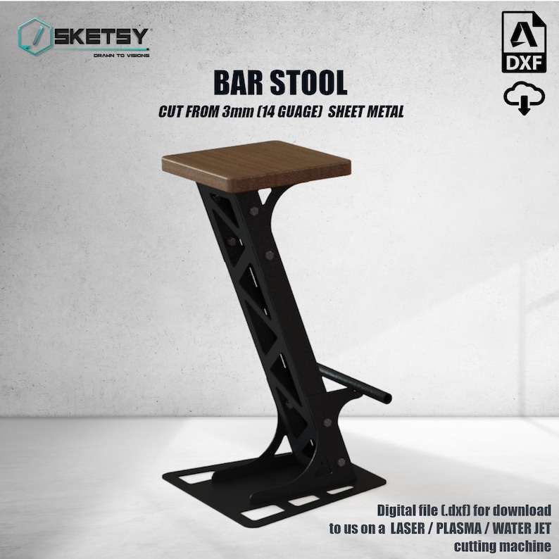 May include: Black metal bar stool with a wooden seat. The stool is designed with a geometric pattern and has a footrest. The stool is cut from 3mm (14 gauge) sheet metal.  Digital file (dxf) for download to us on a LASER/PLASMA/WATER JET cutting machine.