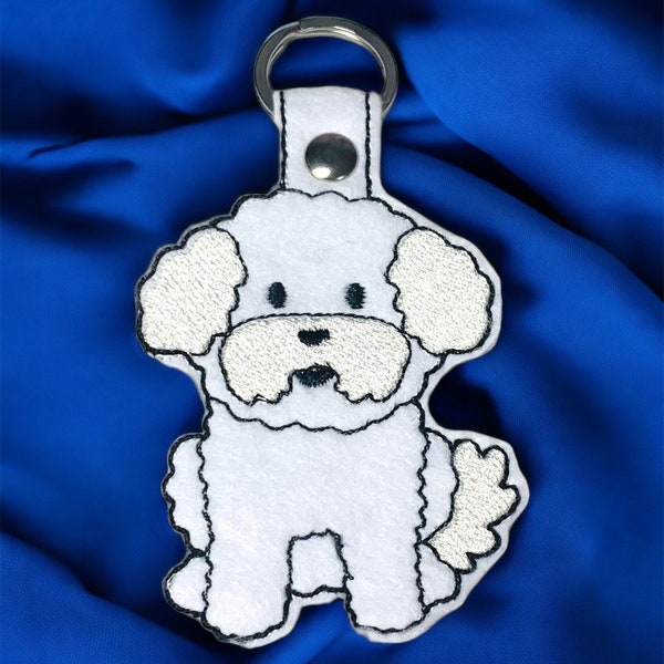 Bichon Frise dog embroidered keyring on white felt. Cute key fob gift for dog lover pet hand crafted hand made