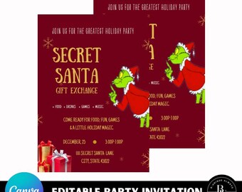 Grinch Secret Sanra Holiday Party Invitation Editable In Canva