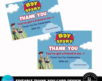 Tarjeta de agradecimiento "It's A Boy Story" (diseño editable, imprimible y descarga instantánea)