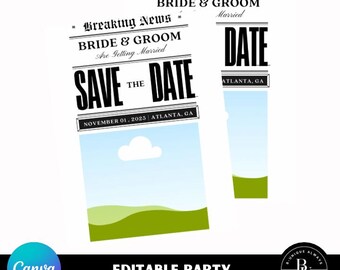 ¡Extra extra! Lee todo sobre la plantilla de Canva para guardar la fecha de boda/periódico editable.