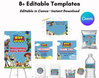 Paquete de baby shower "It's A Boy Story": más de 8 plantillas editables (descarga de Canva)