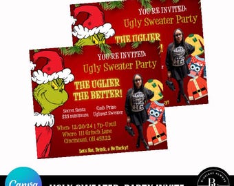 Grinch 2026 Ugly Sweater Christmas Party Editable Invitation
