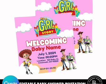 Invitación editable para baby shower "It's A Girl Story"