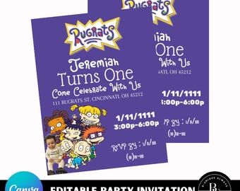 Invitación editable para fiesta de cumpleaños de bebé de dibujos animados de los 90