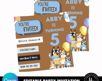 Invitación de cumpleaños de cachorro azul de dibujos animados / Invitación editable personalizada para fiesta infantil