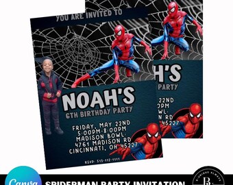 Invitación de cumpleaños de superhéroe araña: Plantilla editable de Canva (descarga inmediata)