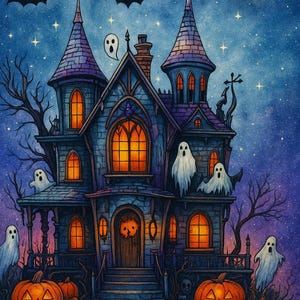 Whimsical Haunted House Clipart | Halloween Watercolor Digital Download | Junk Journal Paper Craft High Quality JPG Clip Art