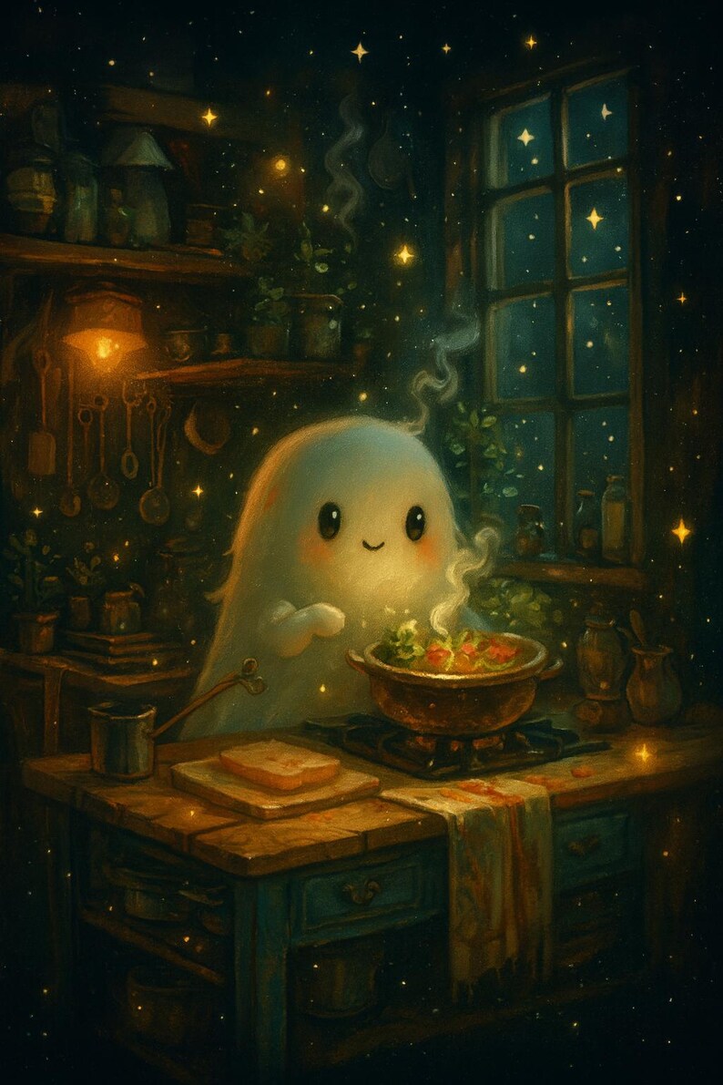 Vintage Halloween Ghost Cooking Print | Cute Ghost Chef Wall Art ...