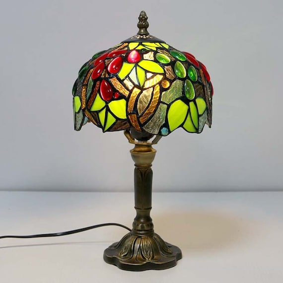 Festive Radiance Tiffany Style Handmade 8-Inch Table Lamp with Red, Yellow, and Green Stained Glass - Perfect Bedside or Christmas Gift