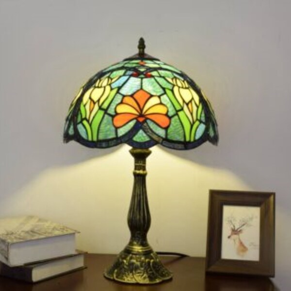 Handcrafted Tiffany Style Table Lamp with Flower Shape, Stained Glass in Green, Yellow, and Orange - 12-Inch Shade