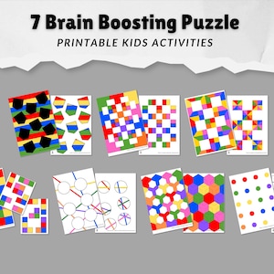 May include: A collection of printable activity sheets titled 7 Brain Boosting Puzzle PRINTABLE KIDS ACTIVITIES, featuring various colourful geometric patterns, grids, circles, hexagons, and shapes in red, blue, green, yellow, and purple.