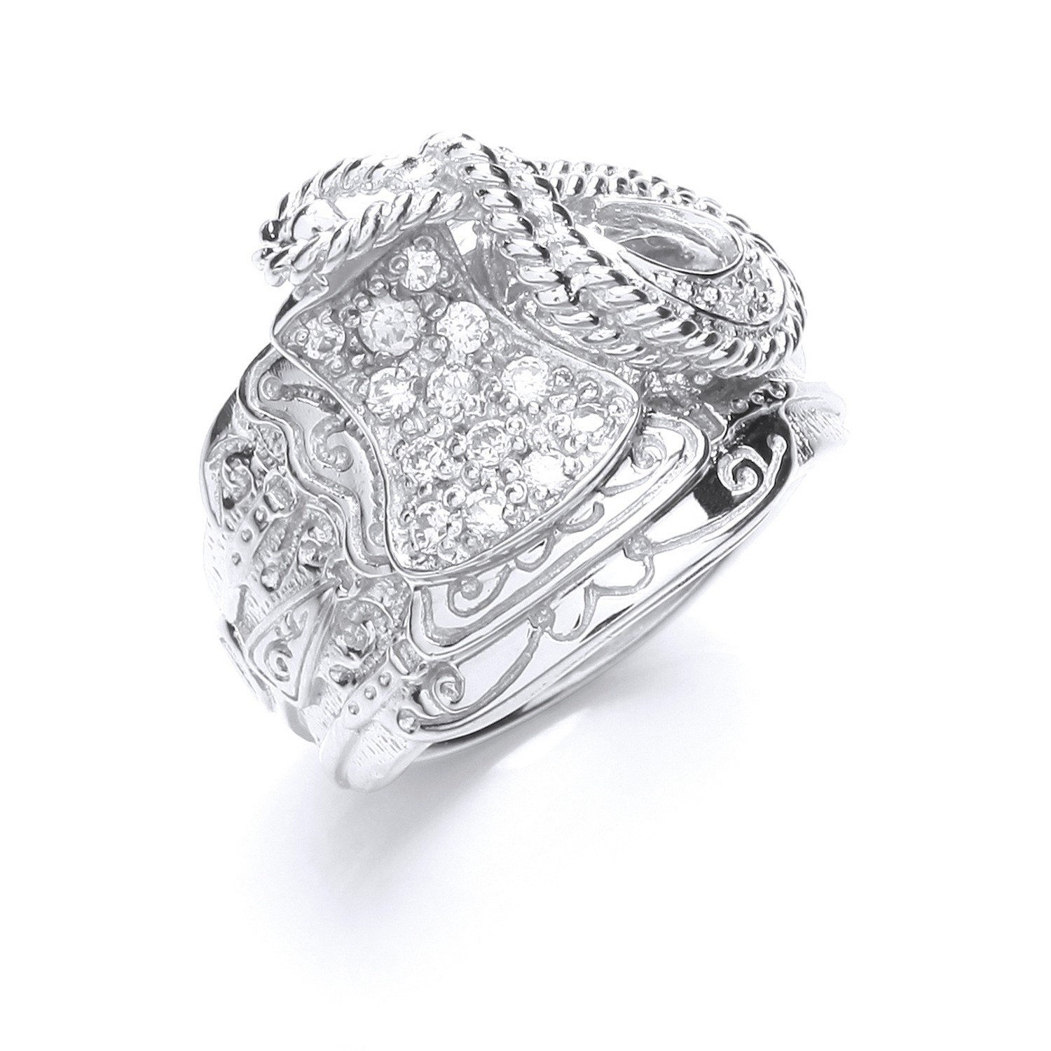 Silver CZ Carved Horse Saddle Signet Ring