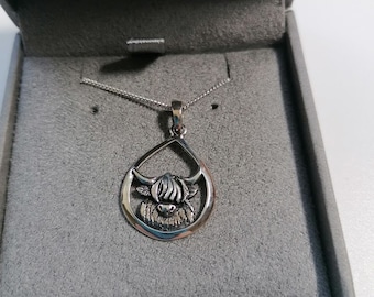 Scottish Inspired Sterling Silver Highland Cow In A Teardrop. ORDER TODAY!!! Dispatched tomorrow in time for Christmas.