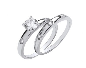 Silver Bridal Set Single Stone Round CZs Half ET Rings