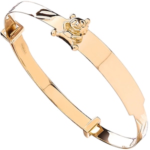 Delicate 9ct Yellow Gold Expandable Baby ID Bangle With Teddy on ID. Buy 2 Get A Second Half Price!
