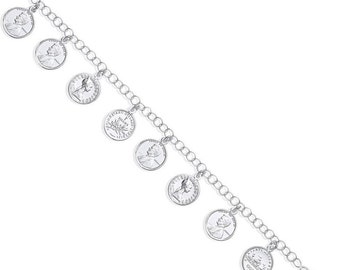 Pulseira feminina com pingente de 8 moedas de prata