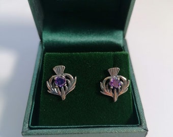 Handcrafted  Silver Amethyst Purple Colour Stone, Scottish Thistle Stud Earrings ORDER TODAY!!!!!! DISPATCHED Tomorrow (Christmas Delivery)