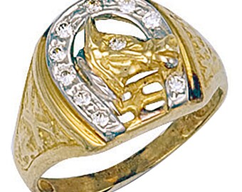Elegant 9ct Yellow Gold Horse Shoe & Head Cubic Zirconia Ring