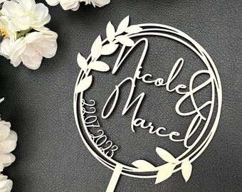 Caketopper wreath for wedding cake with filigree wooden leaves, personalized with your names for cakes & cakes in natural or colored