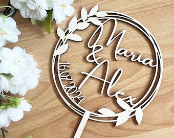 Cake topper wreath for wedding cake with filigree leaves, personalized from wood, natural color; Adapted design: &-sign in the middle