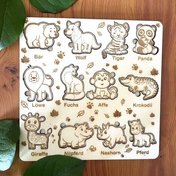 Reise-Puzzle mit Wildtieren, kleines Tierpuzzle für Unterwegs, Personalisiert mit Namen des Kindes von Norikids, perfektes Geschenk