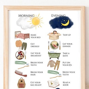 Könnte beinhalten: Eine farbenfrohe illustrierte Tabelle mit einer Morgen- und Abendroutine für Kinder. Die Tabelle enthält Bilder von Aktivitäten wie Bett machen, Anziehen, Frühstück essen, Zähne putzen, Schlafanzug anziehen, Buch lesen und ins Bett gehen. Die Tabelle ist in einem hellen Holzrahmen gerahmt.
