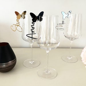 Getränkehänger Hochzeiten & Geburtstage mit Schmetterling, personalisiert, Cocktail-Anhänger, Platzkarten aus Acryl, Gold, Silber, Roségold