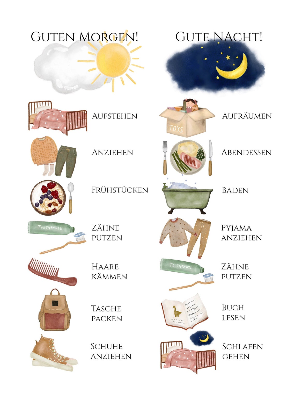 Checkliste für und Abendroutine mit Kindern Deutsch Etsy