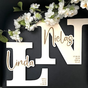 Cartel de nacimiento con las letras del niño y todos los datos del bebé (peso, altura, fecha y hora). Regalo para el nacimiento y como recuerdo.