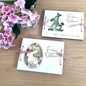 Oster Geldgeschenke, Karte aus Holz zum Verschenken von Geld Scheinen zu Ostern, mit persönlicher Message und Absender