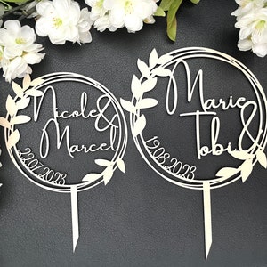Caketopper-Kranz für Hochzeitstorte mit filigranen Blättern aus Holz, personalisiert mit euren Namen für Torten & Kuchen in Natur oder Farbe Bild 5