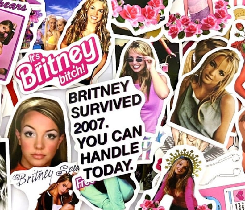 May include: A collection of colourful stickers featuring images of a pop star with the text "Britney" and "Britney Survived 2007. You Can Handle Today."