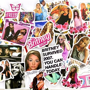 May include: A collection of colourful stickers featuring images of a pop star, including a close-up of her face, a full-body shot, and a cartoon-style illustration. The stickers also include text such as "#FREEBRITNEY", "Britney Spears", "It's Britney, Bitch!" and "Britney Survived 2007. You Can Handle Today."