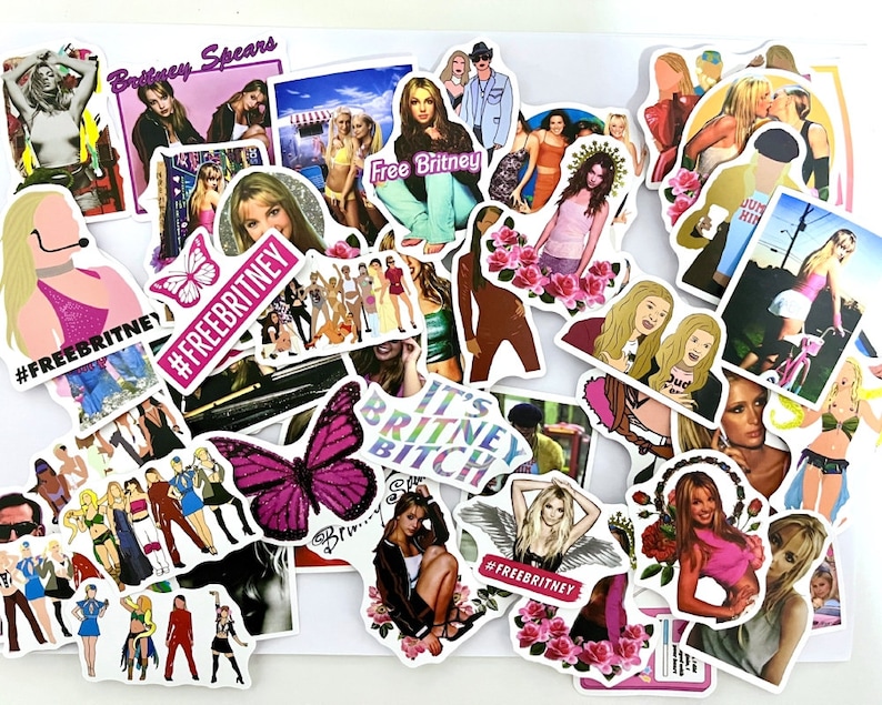 May include: A collection of colourful stickers featuring images of Britney Spears, butterflies, and the text "Free Britney". The stickers are on a white background.