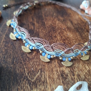 Ocean Wave Micro Macrame Choker Necklace with Brass Shells, Blue Cat Eye Gemstone Choker, Bohemian Beach Jewelry, Summer Gift for Her