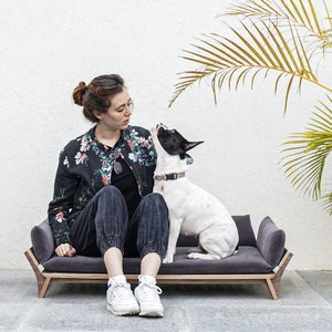 Medium Walnut Wood Dog Bed with Winter Gray Pillow, Luxury Raised Pet Sofa, High-End Modern Pet Furniture, Ideal Gift for Pets