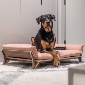 Large Walnut Wood Dog Bed with Beige Pillow, Luxury Raised Pet Sofa, High-End Pet Furniture, Perfect for Dogs & Cats