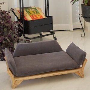 High-End Dog and Cat Furniture, Winter Gray Pillow for Pets, Wooden Dog Sofa, Nordic Pet Cot, Dog Couch for Pet Lovers, Luxury Gift for Pets