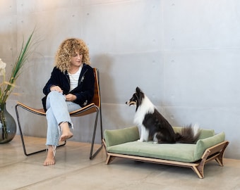 Sofá para perros Japandi Forest Green, pequeño sofá de madera para mascotas