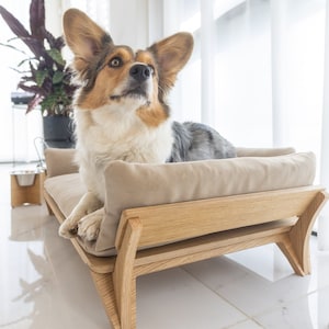 Small Size Dog Bed, Nordic Pet Furniture, Scandinavian Dog Sofa, Wooden Pet Furniture, High-End Dog Couch, Natural Wood Raised Pet Sofa