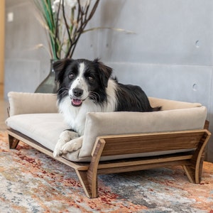 Medium American Walnut Dog Bed, Beige Dog Pillow, High-End Luxury Wood Raised Pet Sofa, Gift for Pets