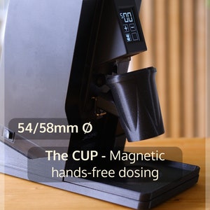 THE CUP • Eureka Mignon • Floating Fork Holder Portafilter Espresso Dosing Cup Hands-free • Inclined/Angled with trigger button switch •54mm